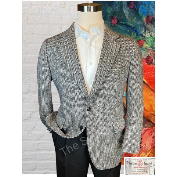 Vintage Harris Tweed 40S Black Handwoven Scottish Wool Unstructured Sport Coat - Picture 1 of 13